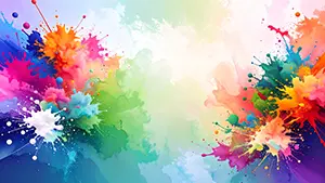 白背景の左右からカラフルなペンキや水彩絵の具が飛び散る、明るく華やかな抽象背景