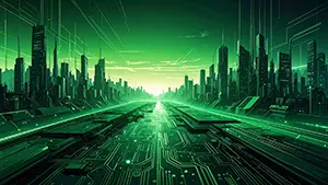緑色に光る回路のような道路が地平線まで続き、左右に幾何学的な高層ビルが並ぶサイバー都市背景