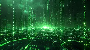 Matrix-style background with green digital code raining down on an electronic circuit-like ground