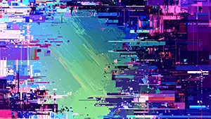 青色、水色、緑色のブロック状ノイズが激しく入り乱れる、サイバーパンクなグリッチ背景