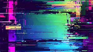 紫、ピンク、緑色のデジタルノイズが横方向に走る、ネオンカラーのグリッチ背景