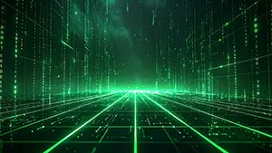 Cyber space and Matrix-style background with green digital code raining down