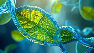 Biotechnology background of a blue-green glowing DNA double helix structure with plant leaf texture