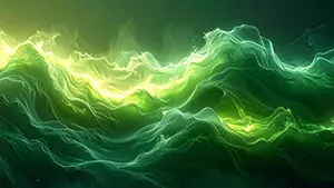 激しく波打つ緑色のエネルギーの炎と、飛び散る光の粒子のイラスト