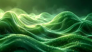 緑色のエネルギーが雷のようにうねり、金色の光の粒が舞うダイナミックな背景