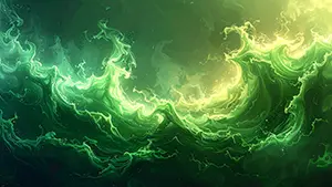 Dynamic abstract background where glowing green liquid waves violently and splashes