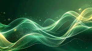 High-class abstract background where smooth green curves and gold particles dance flowingly
