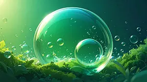 緑の苔の上に浮かぶ透明な泡と、光が差し込む幻想的な森のイラスト