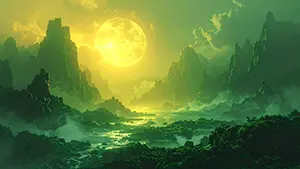Fantasy landscape with a giant golden full moon shining over a green valley with rugged mountains and a river