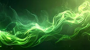 暗い背景に流れるような緑(+G46)の光のラインと、輝く粒子のイラスト