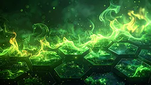 明るい太陽の光が透ける新緑の葉のアップと、柔らかなグラデーション背景