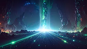 深い谷の間にデジタルの光の道が続き、中央から強い緑の閃光が立ち上がる背景。