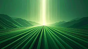 緑色の放射状のラインが地平線の光に向かって収束する近未来的な背景