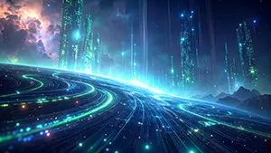 Futuristic sci-fi city landscape with glowing green skyscrapers in a starry space