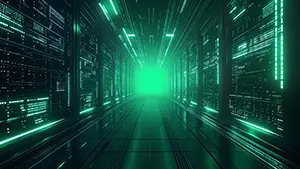 Futuristic data center server corridor with glowing green neon lights in a digital space