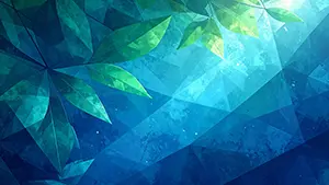 Modern design combining blue-green geometric polygon background and realistic plant leaves