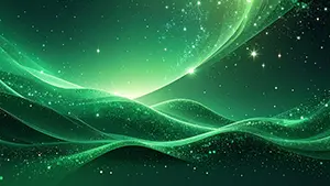 緑色の光のウェーブが銀河のようにうねり、無数の星屑がキラキラ輝く背景