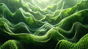 緑色の細胞のような網目模様が波打って重なる抽象的な背景