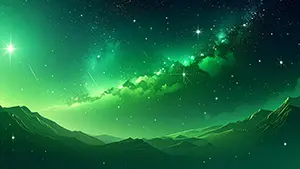 緑色の夜空に輝く無数の星と天の川のような星雲の風景