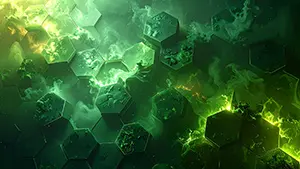 敷き詰められた濃い緑の六角形の隙間から、明るい緑の光と煙が漏れる背景