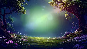 巨木に囲まれた神秘的な森の地面に、紫やピンクの花が咲き光が差し込む背景