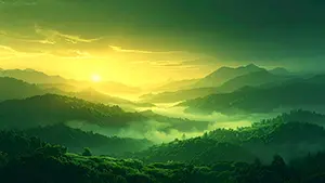 朝霧が漂う緑豊かな山々の連なりと、遠くに輝く朝日の風景