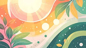 抽象的な曲線とパステルカラーの葉が描かれた、モダンで可愛いデザイン背景