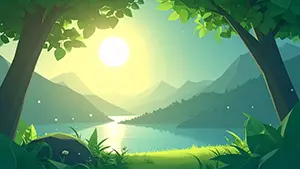 日の出を背景にした緑の山々と静かな湖のフラットデザインイラスト