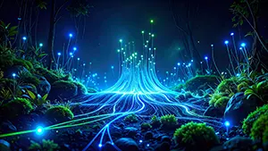 夜の森の地面から青く光る光ファイバーのような植物が立ち上がる神秘的なイラスト。