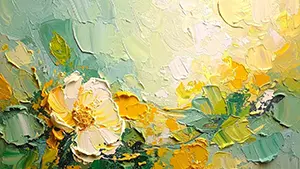 質感豊かな油絵で描かれた黄色い花と緑の葉の厚塗り風背景