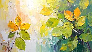 黄色い葉と緑の葉が太い筆跡で描かれた、キャンバスの質感が残る抽象油彩画風イラスト。