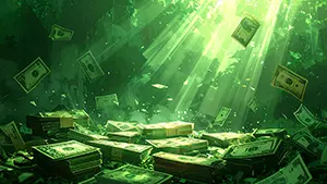 鬱蒼とした深い森の中に強い光の筋が差し込み、アメリカドル紙幣が空中に舞っている背景