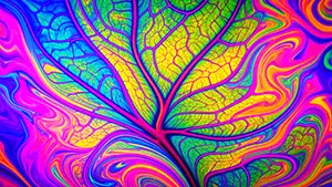 鮮やかなピンクや青、黄色のサイケデリックな色使いで描かれた葉脈の抽象背景イラスト。