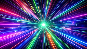 虹色のネオンのような光の筋が中心から放射状に広がる眩い閃光のイラスト。