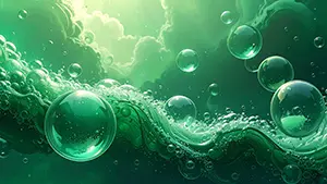 Refreshing background image where carbonated-like bubbles sparkle and rise in green liquid