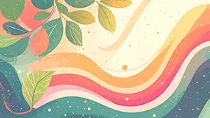 レトロな暖色と緑の波線に、北欧風のシンプルな葉っぱが配置された抽象背景。