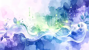 爽やかな水色と緑の絵の具が滲んだような、葉っぱのシルエットが舞う背景。