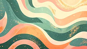 緑、ベージュ、ピンクが波のように重なり合い、キラキラした粒子が舞う抽象的なグラデーション背景。