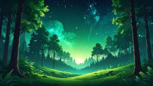 Silhouette of a forest and natural landscape with a starry sky and aurora-like green light spreading above