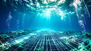 Digital and nature fusion background with light grids and bubbles in the ocean