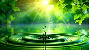 緑色の水面に広がる波紋と、上から差し込む明るい太陽の光のイラスト