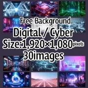 Thumbnail introducing 30 free digital and cyber-themed backgrounds available for commercial use. These 1920x1080 cool illustrations are perfect for game streaming and wallpapers.