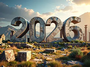 草原の中に古代ギリシャの遺跡のように配置された石造りの2026年の数字イラスト