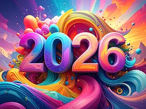 鮮やかな絵の具を混ぜ合わせたようなカラフルな渦に囲まれた2026年の数字イラスト