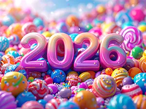 たくさんのカラフルなキャンディやお菓子で埋め尽くされた2026年のイラスト