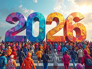 巨大でカラフルな2026年のオブジェに向かって階段を駆け上がる群衆のイラスト