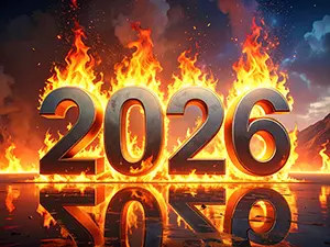 暗闇の中で激しく燃え上がる炎に包まれたメタリックな2026年の数字イラスト