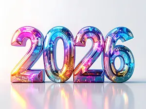 虹色の光沢を放つガラスのような質感の2026年の数字イラスト