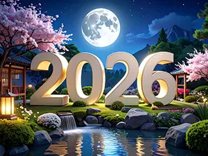 満月と満開の桜の下、日本庭園の池のほとりに佇む2026年の数字イラスト