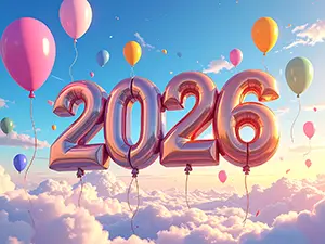 青空と雲の中に浮かぶピンクゴールドのホイルバルーンで作られた2026年の数字イラスト